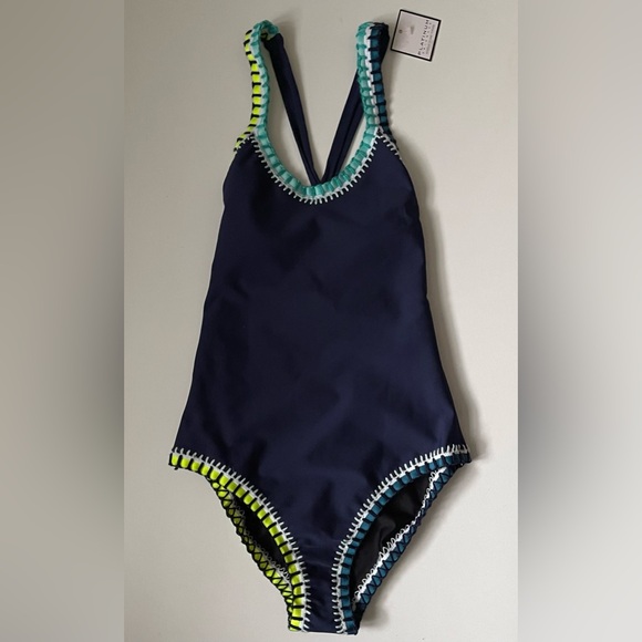 Platinum Inspired by Solange Ferrarini Women Crochet Trim OnePiece Navy Swimsuit - Picture 2 of 13